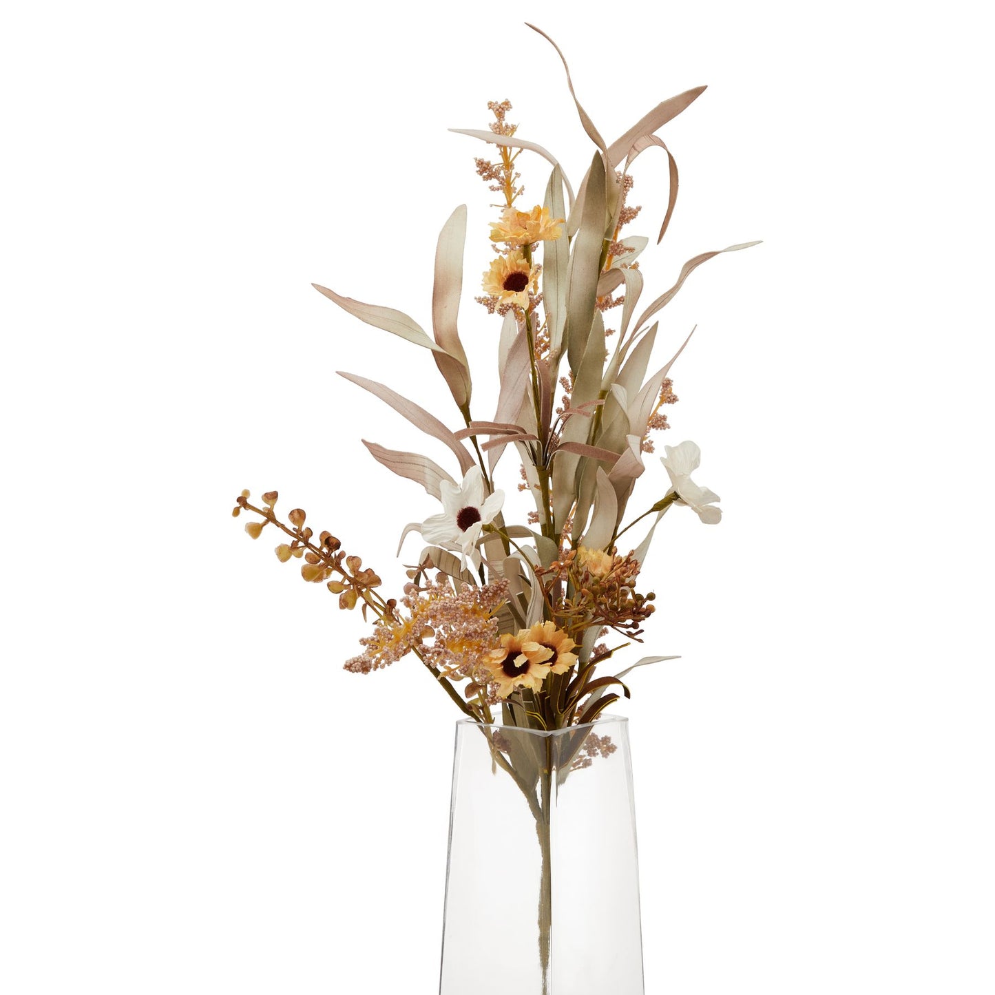 Large autumn stem spray featuring delicate yellow and white blooms, brown accents, and lush greenery in a clear vase.