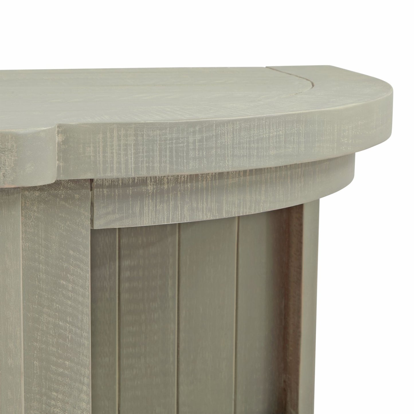 Weathered gray 3-shelf dresser top with contemporary curved edges, adding modern elegance and warm character to any space.