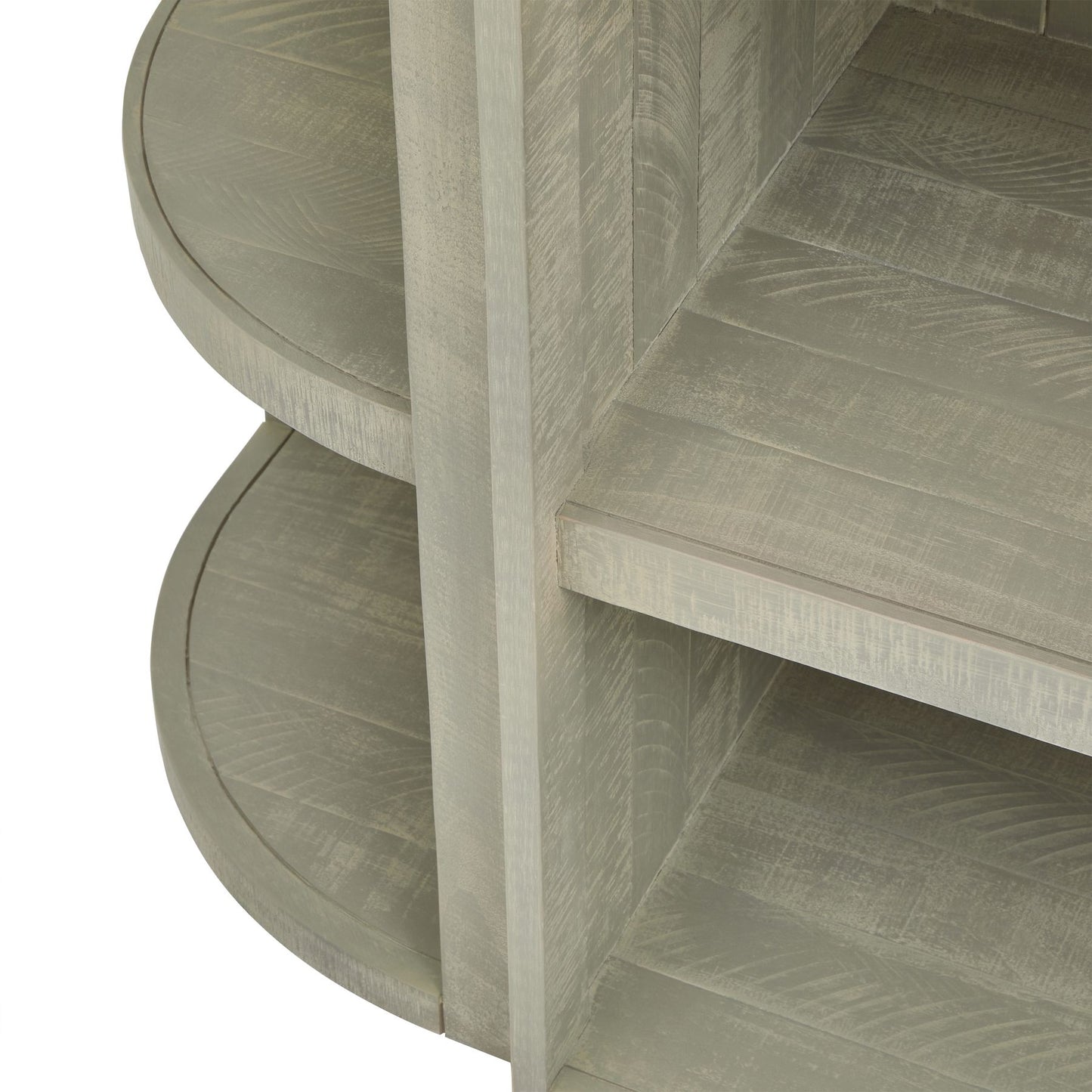 Curved, weathered three-shelf dresser top in soft grey, offering modern elegance and versatile storage for any space.