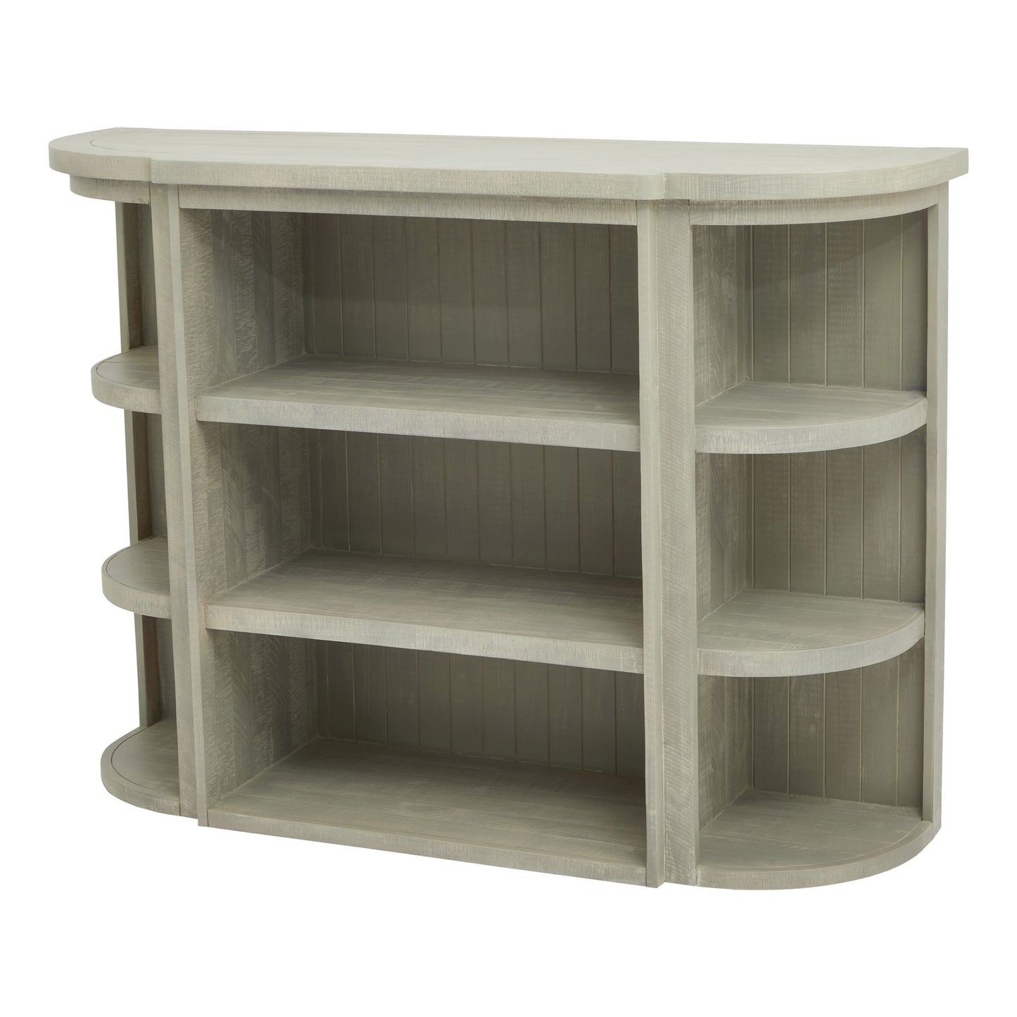 Elegant 3-shelf dresser top in a weathered gray finish, featuring curved edges and versatile design for refined storage.