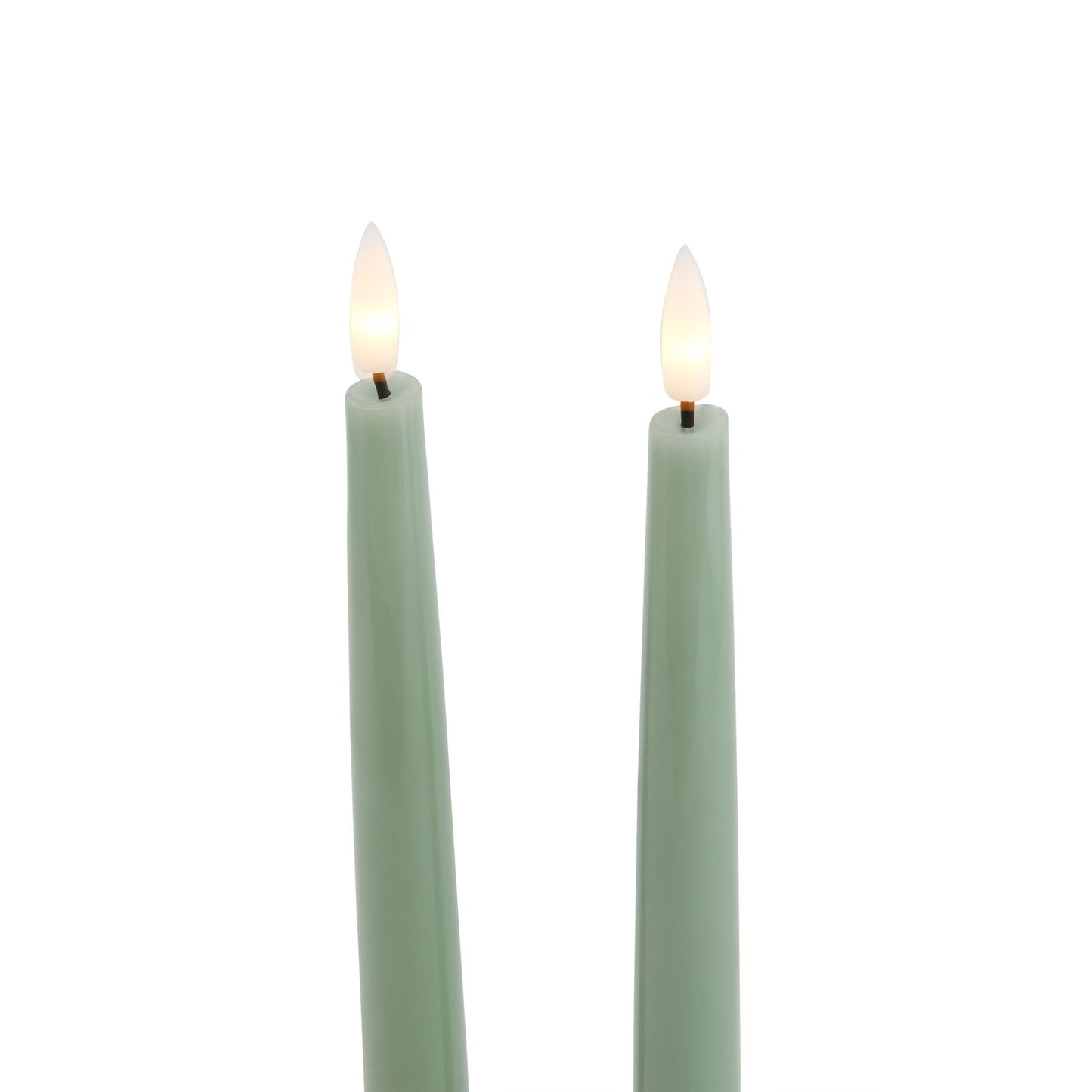 Sage green LED wax dinner candles with realistic flames, offering elegance and ambiance for stylish dining and décor.