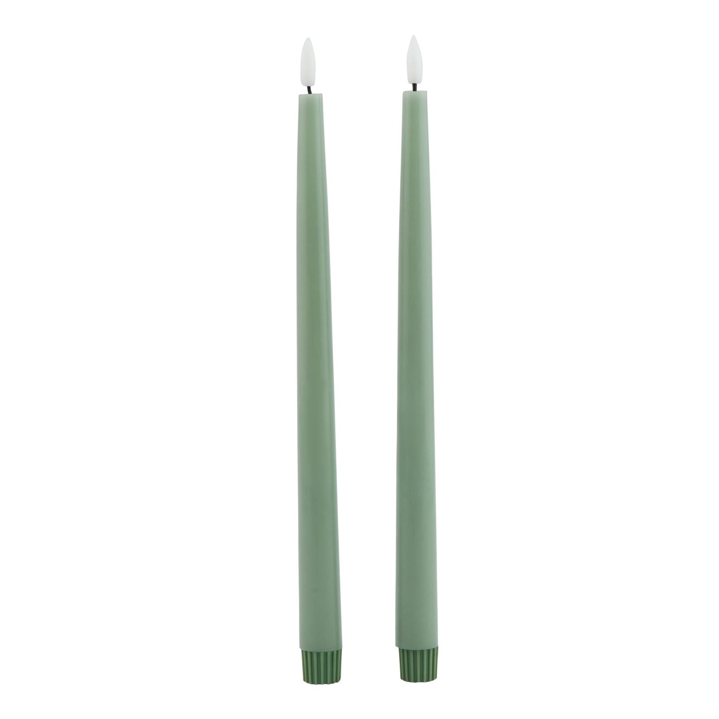 Sage LED wax dinner candles in a sleek tapered design, emitting a warm glow, ideal for elegant dining and décor.
