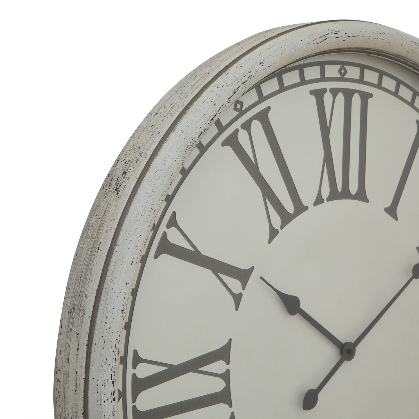 White embossed wall clock featuring large Roman numerals and elegant glass detailing, adding sophistication to any space.