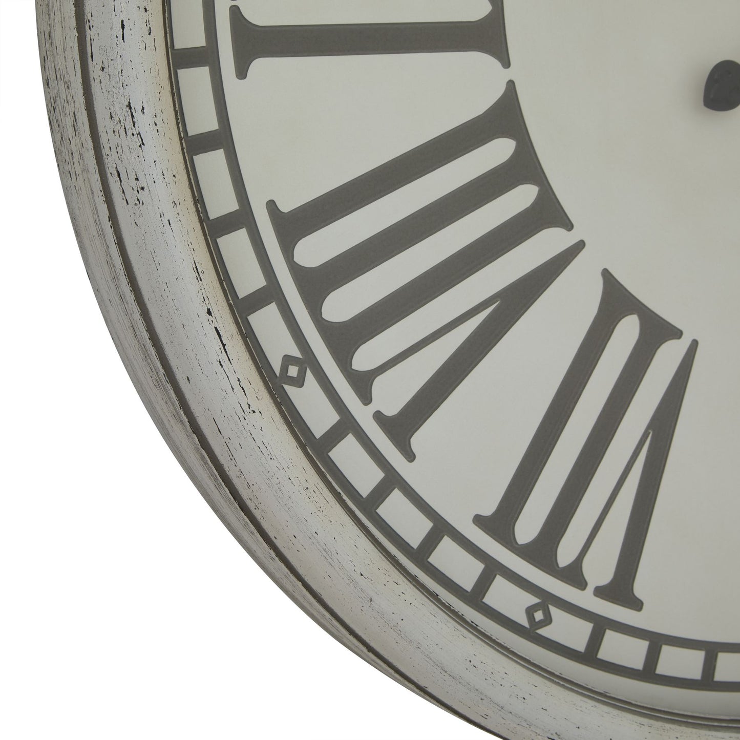 White embossed wall clock featuring intricate glass detailing and bold Roman numerals, ideal for modern and classic interiors.