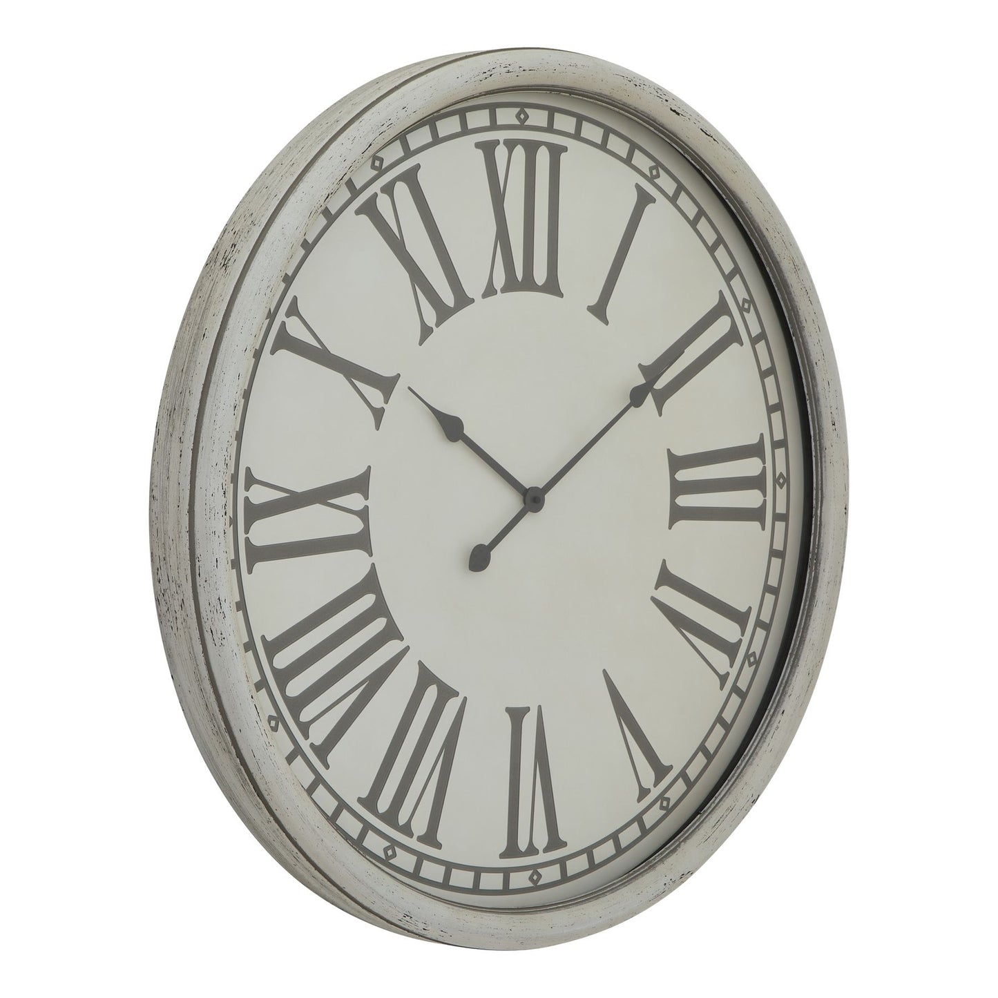 Elegant white wall clock featuring a textured embossed frame, Roman numerals, and black hour and minute hands for a sophisticated touch.