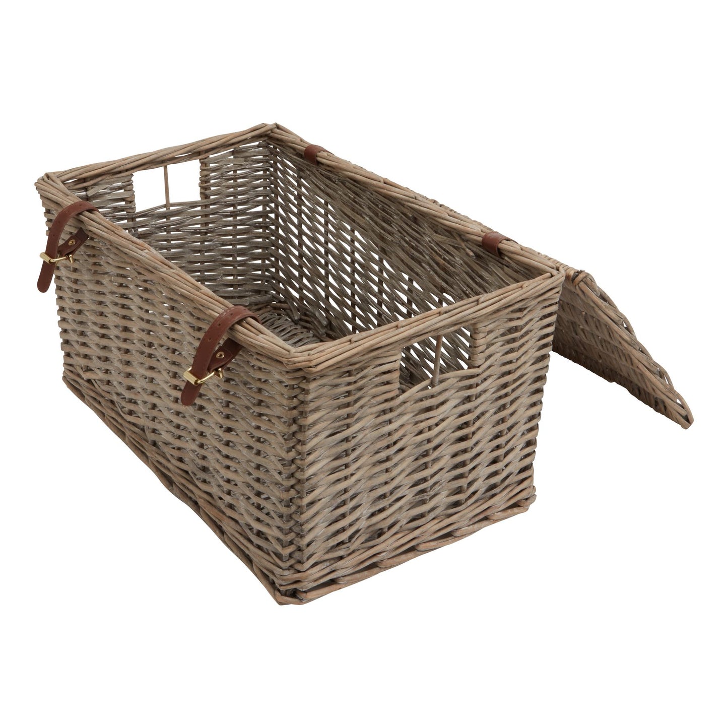 Coastal-inspired wicker hamper basket with intricate weaving, leather accents, and a rustic finish, perfect for stylish storage.