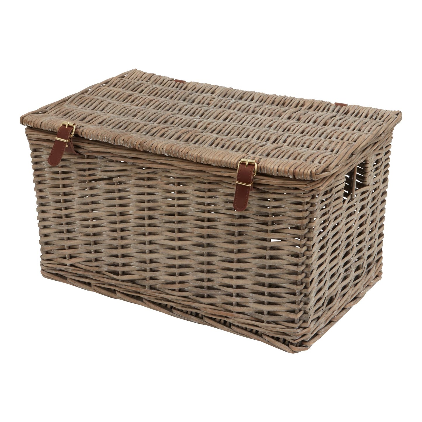Coastal-inspired wicker hamper basket with intricate weaving, natural tones, and leather straps, perfect for stylish storage.