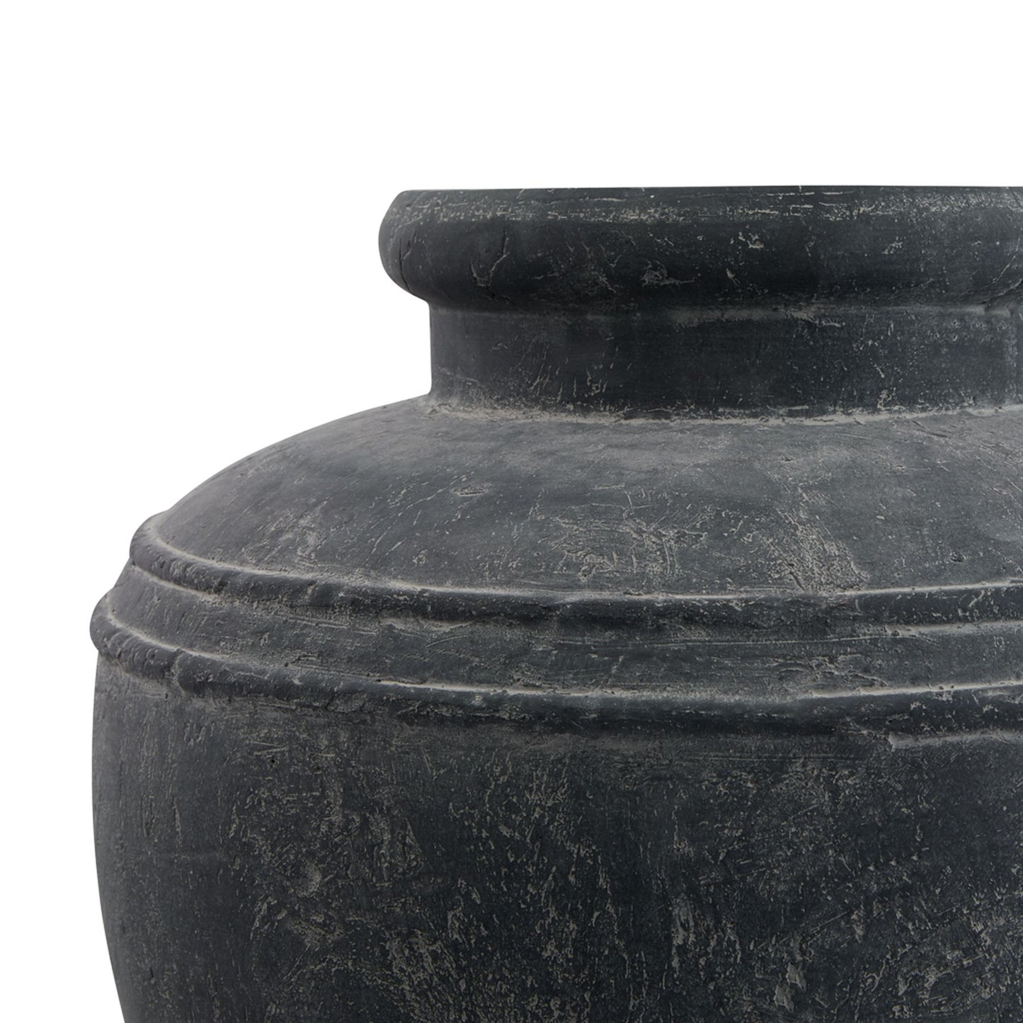 Matte grey water pot with rustic Mediterranean design, featuring subtle texture and classic contours, ideal for elegant displays.