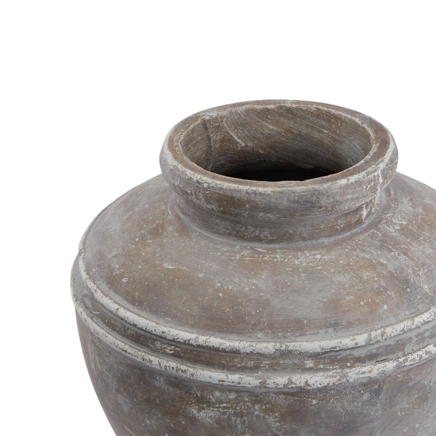 Distressed brown ceramic water pot with an urn shape and textured finish, perfect for indoor greenery or as decor.