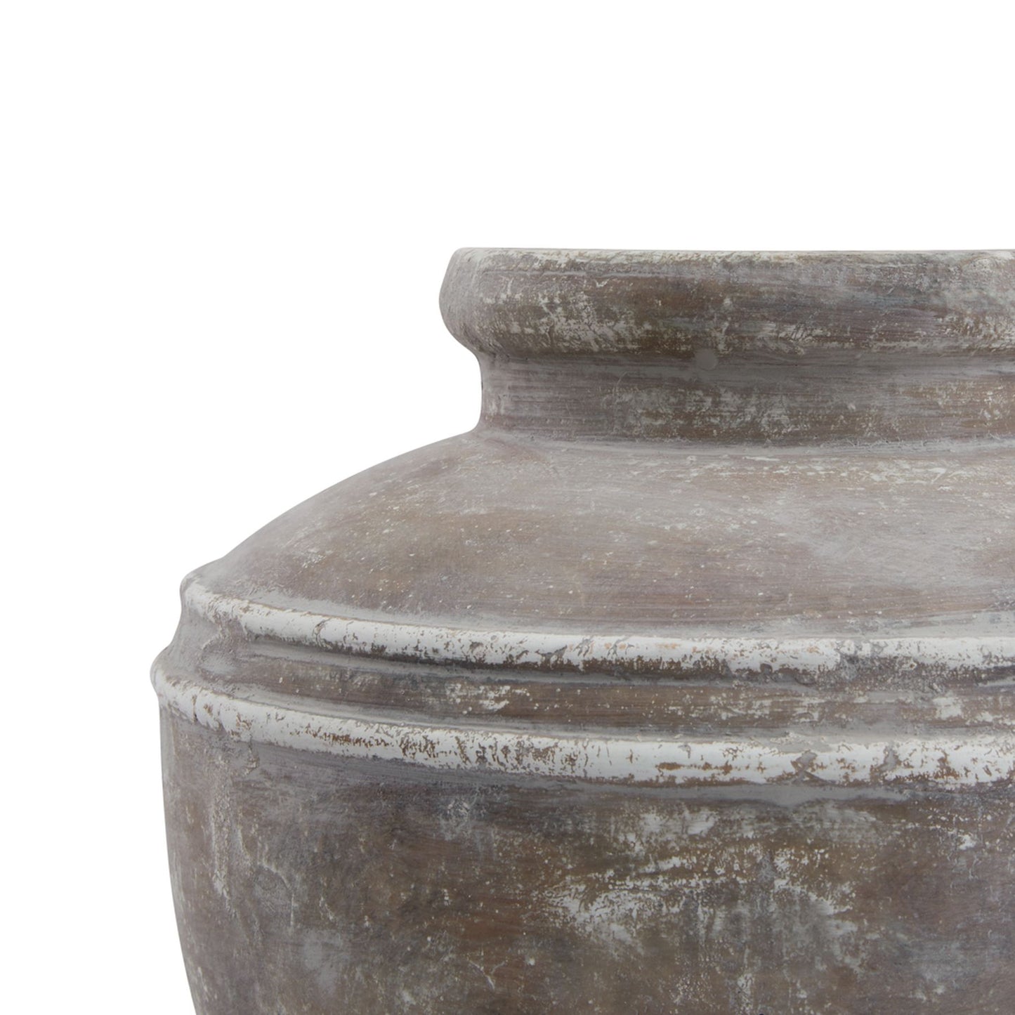 Distressed brown glaze water pot with a classic urn shape, featuring textured details that enhance any decor style.