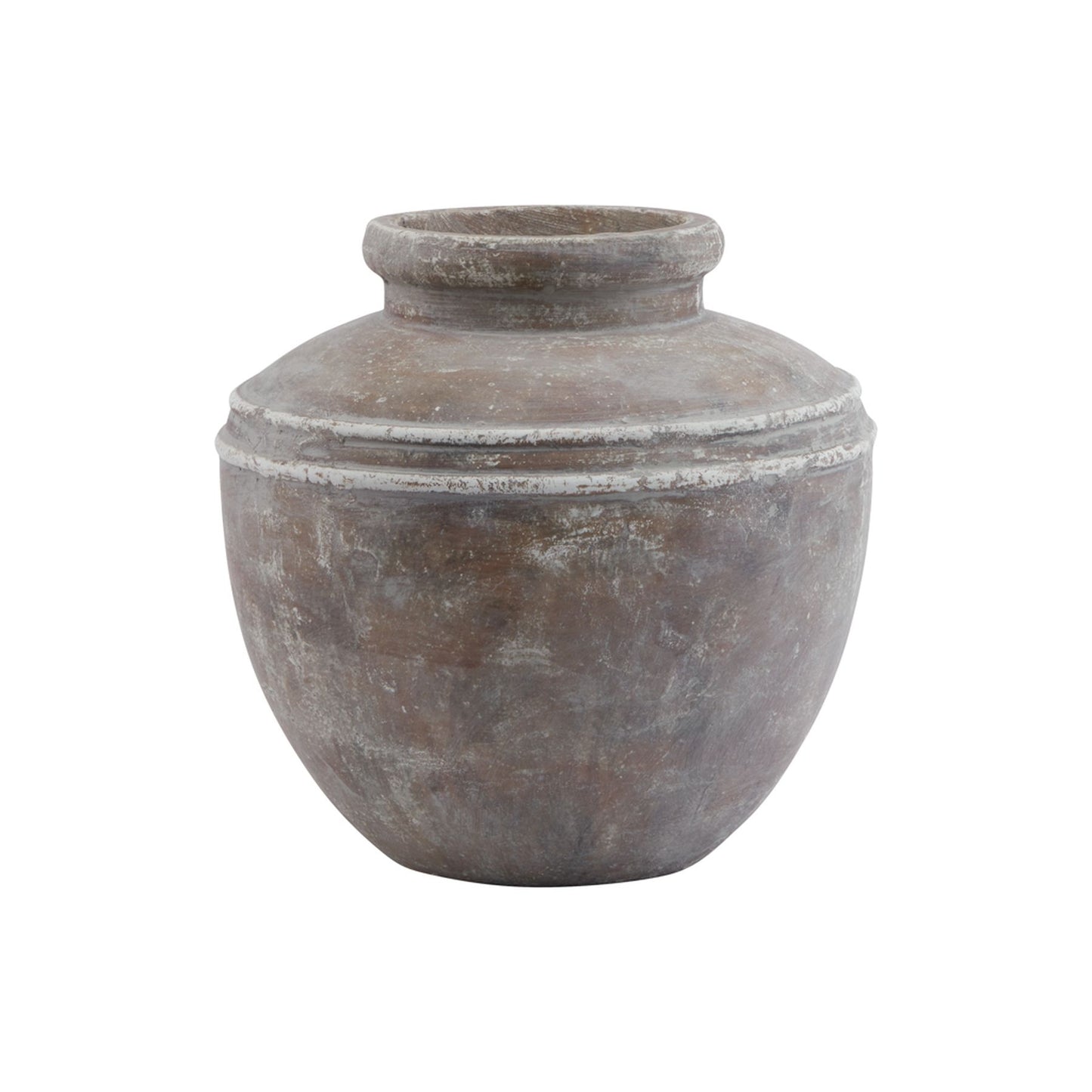 Distressed brown ceramic water pot with a rounded urn shape and subtle white detailing, perfect for plants or as decor.