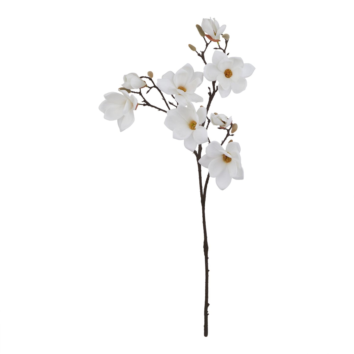 White magnolia stem features delicate, lifelike petals and slender brown stems, perfect for elegant home decor accents.