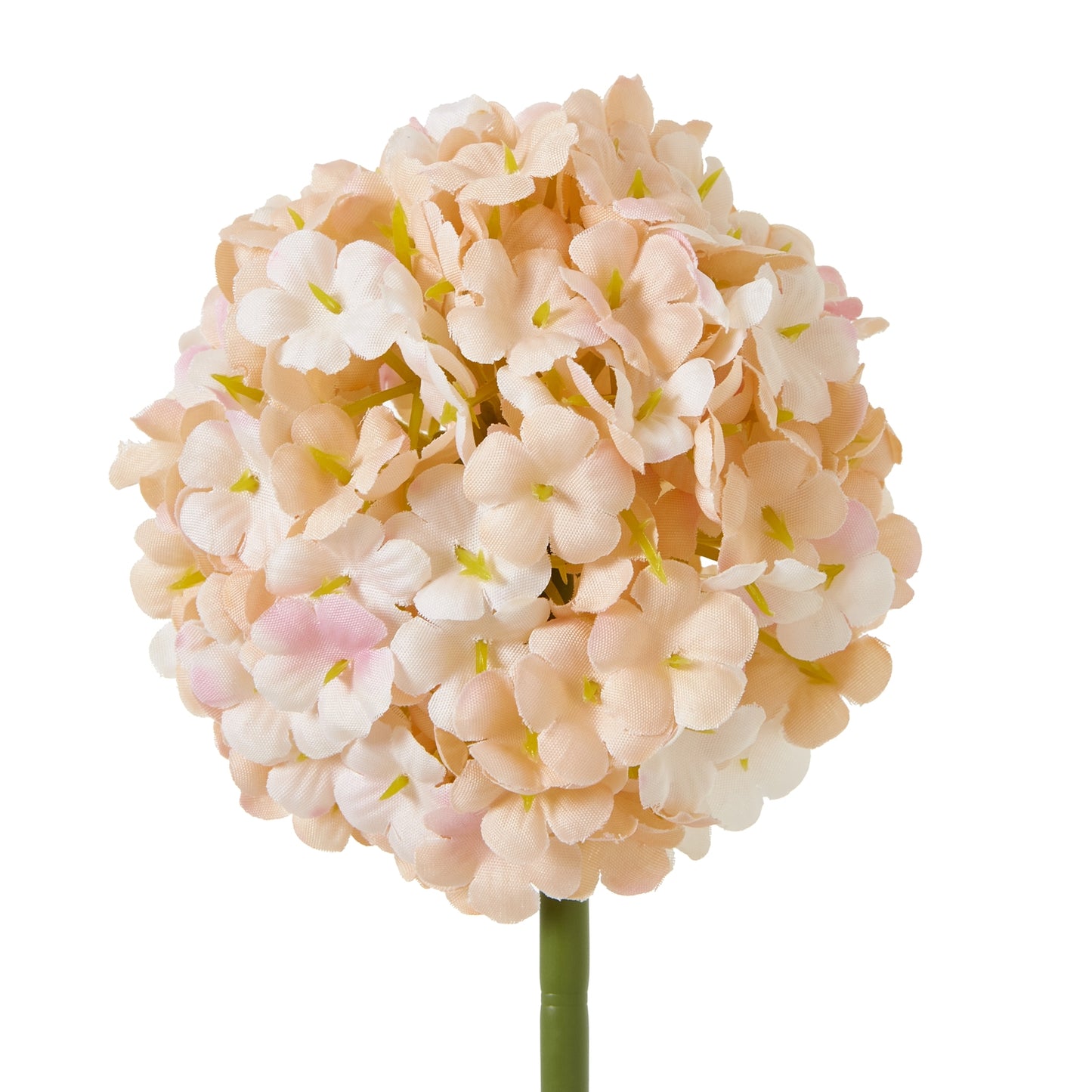 Soft apricot and white artificial Allium bloom with spherical umbel, featuring delicate florets on a green stem, ideal for elegant decor.