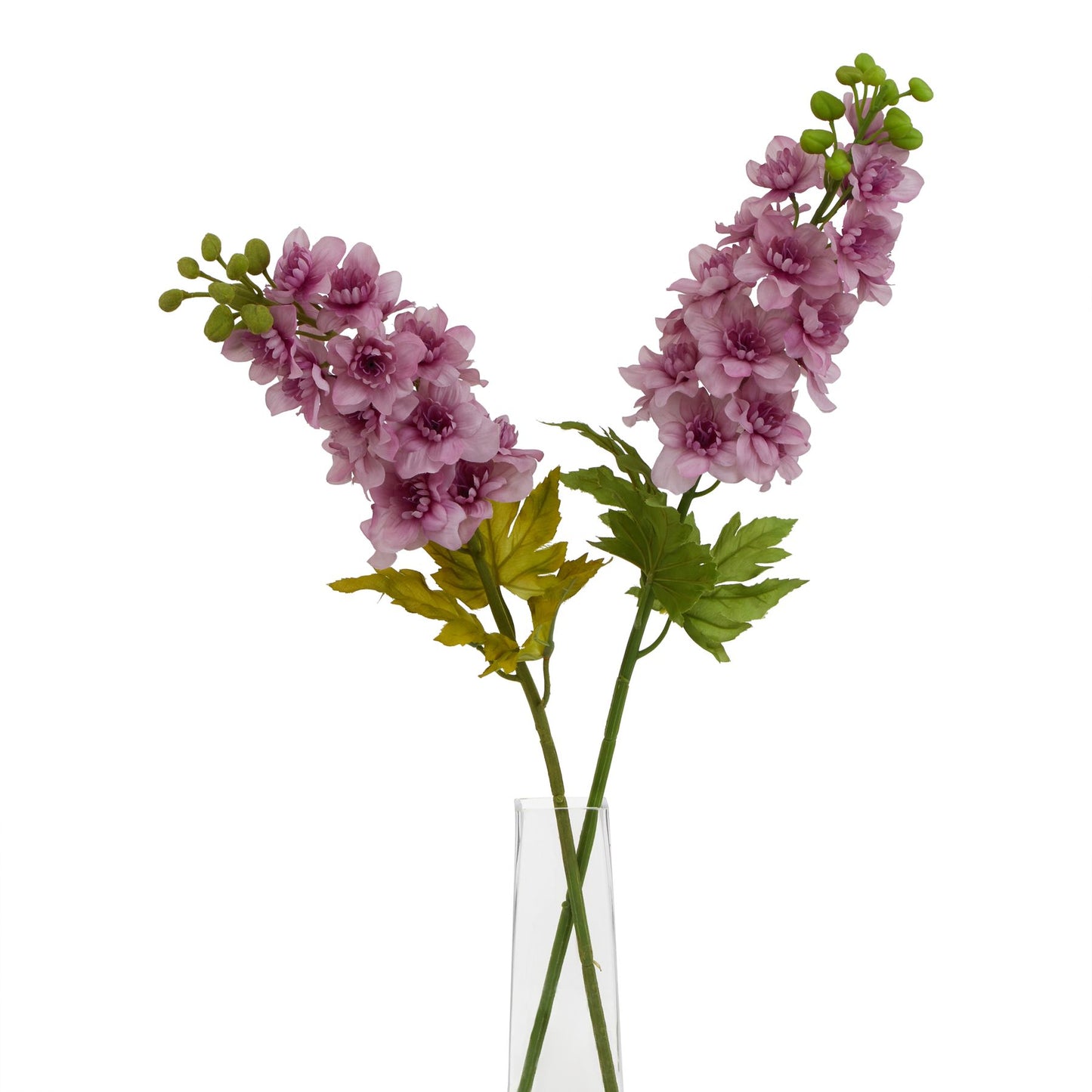 Lavender artificial delphinium stems with realistic petals and green leaves, presented in a clear glass vase for elegant decor.