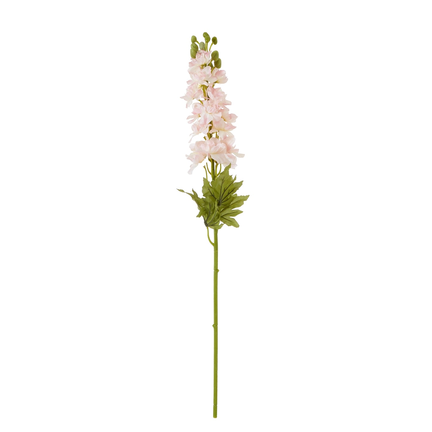 Tall artificial Pink Elatum Delphinium with delicate pink florets and lush green leaves, perfect for elegant floral displays.