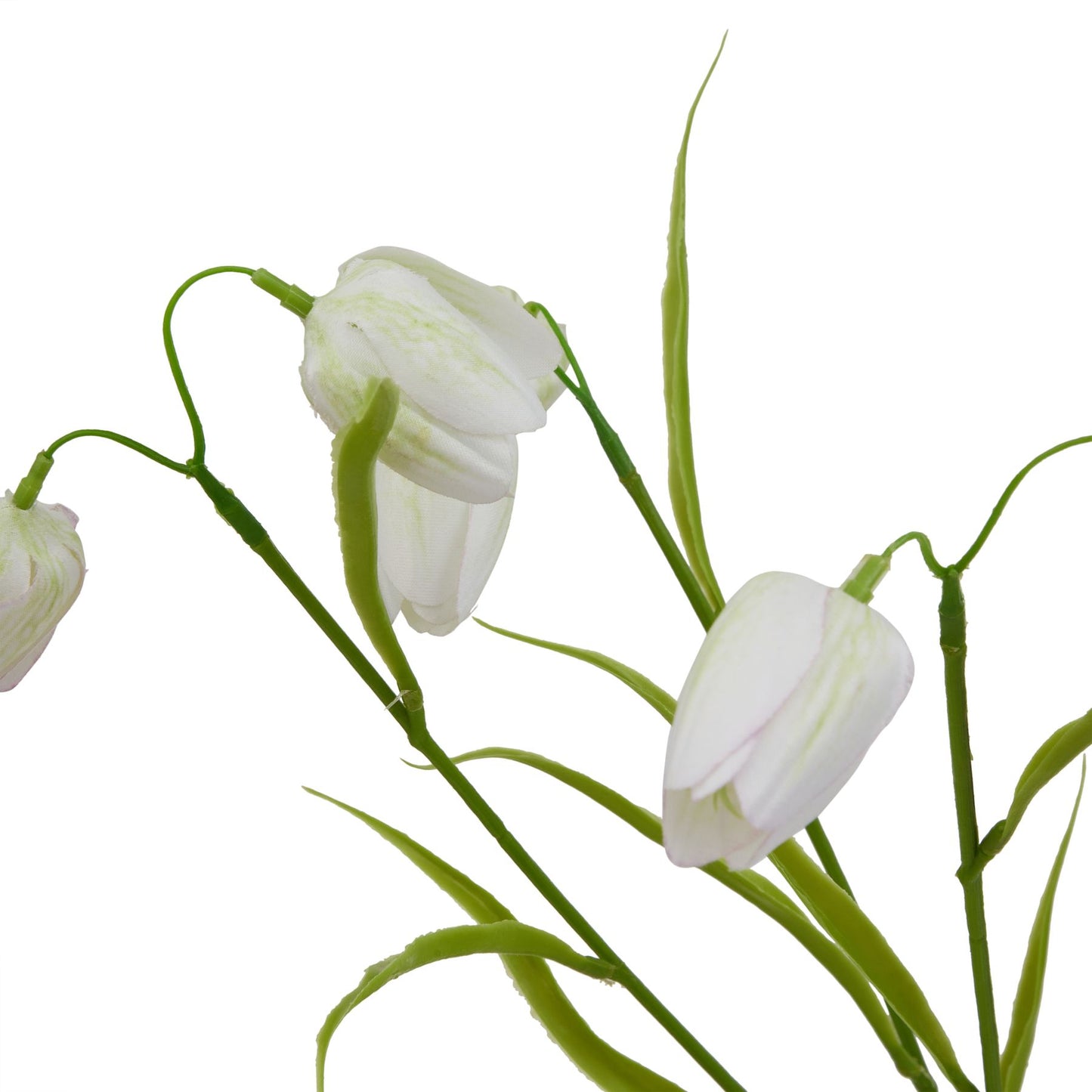 Lifelike white fritillaria stem with delicate petals and green foliage, perfect for elegant spring arrangements.