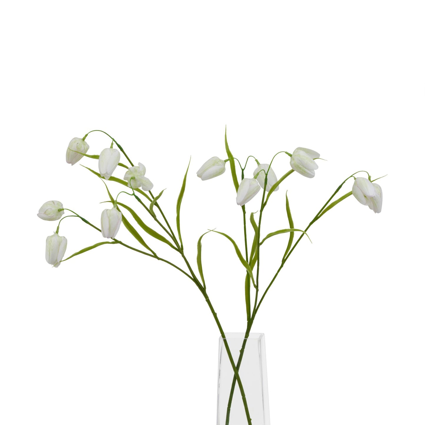 Elegant white fritillaria stems with realistic petals and greenery, arranged in a clear vase, enhancing any decor.