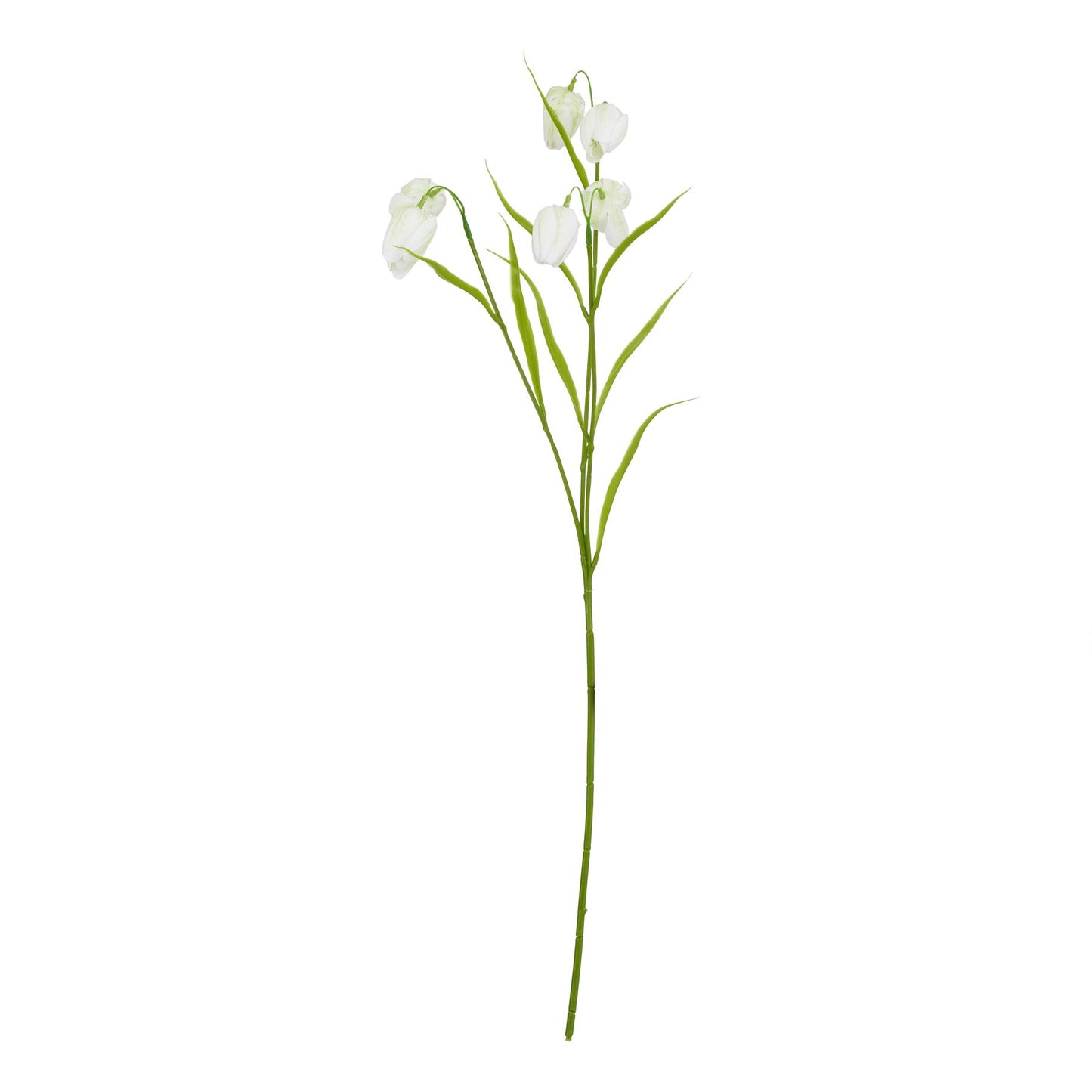 Elegant white fritillaria stem with realistic petals and long green leaves, designed for sophisticated floral arrangements.