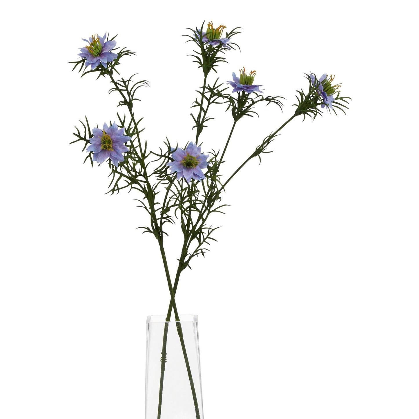 Lifelike purple Nigella flower stem with intricate star-shaped blooms, complemented by delicate greenery in a clear vase.