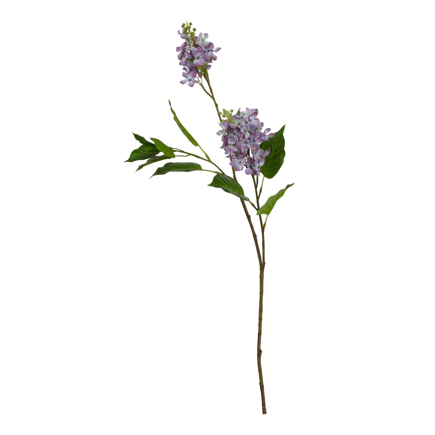 Lifelike purple lilac stem with delicate blossoms and green leaves, ideal for elegant floral arrangements and year-round decor.