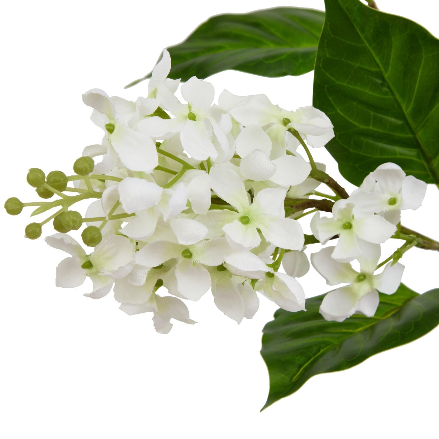 Realistic white lilac stem featuring delicate blooms and green accents, perfect for elegant arrangements and decor.