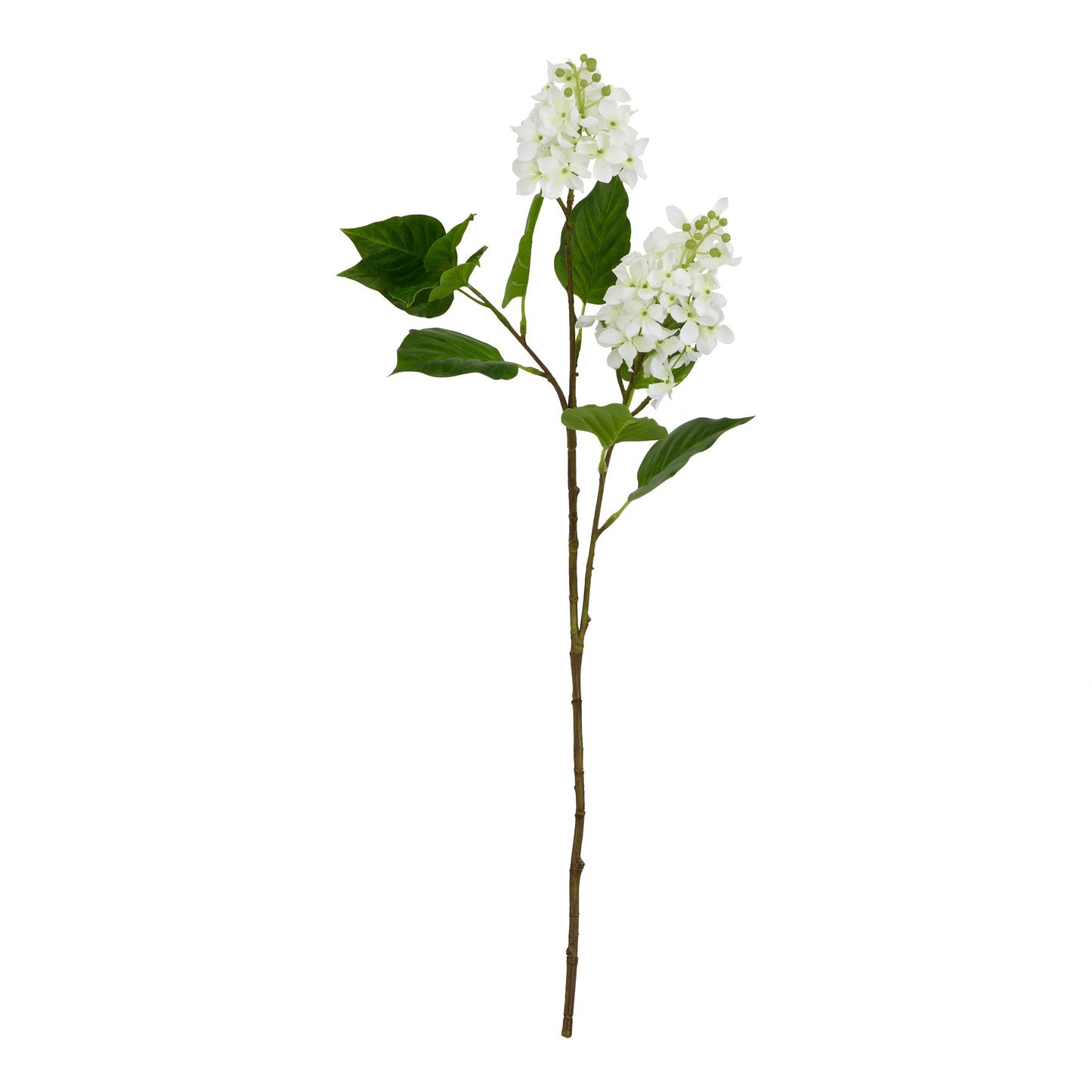 White lilac stem with realistic blossoms and green leaves, elegantly arranged for sophisticated decor and versatile arrangements.