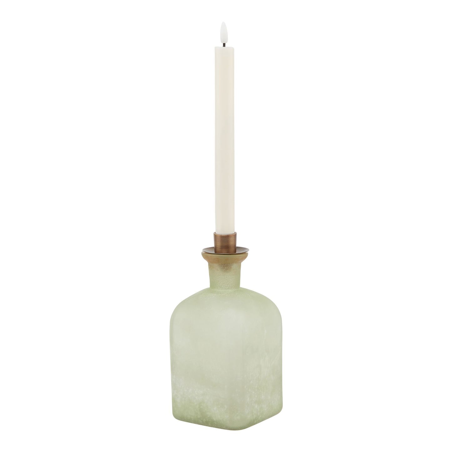 Smoked sage glass candle holder vase with aged brass accents, perfect for enhancing modern or rustic interiors.