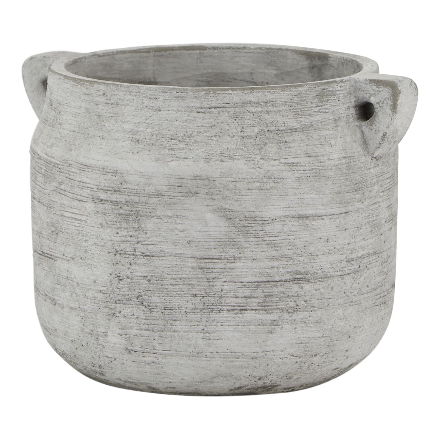 White, weathered stone hydria pot with a classical amphora shape, featuring textured lines for added elegance. Perfect for floral displays.