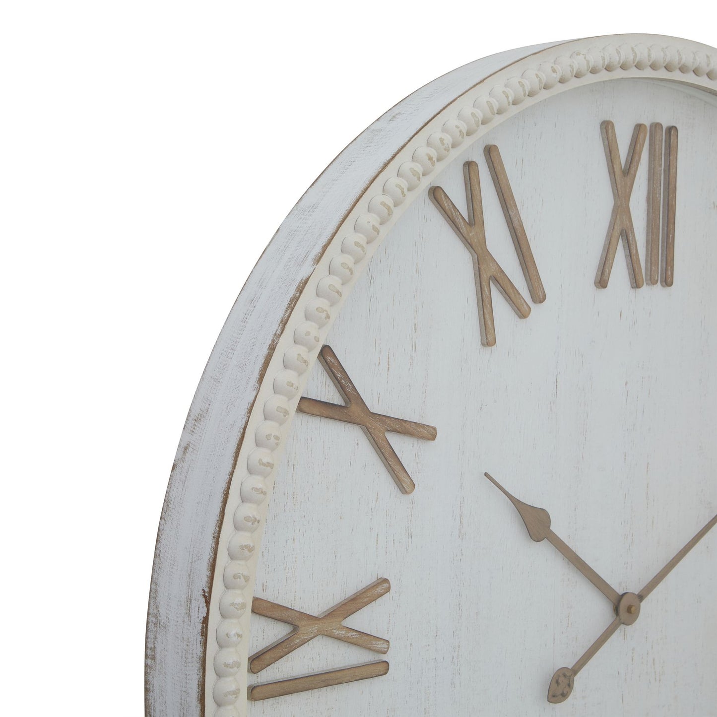 Large rustic white wall clock featuring an elegant beaded frame, contrasting numerals, and a classic design suitable for various interiors.