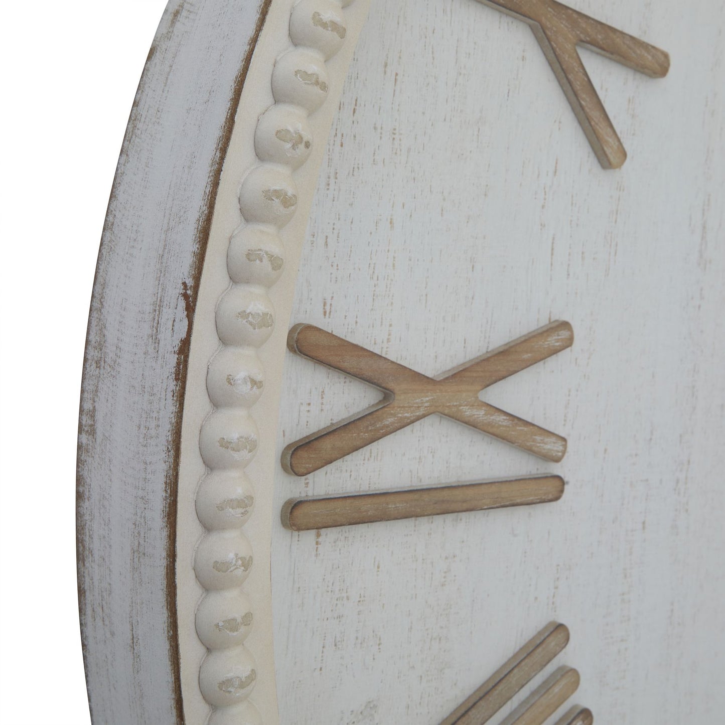Large rustic white wall clock with a beaded wooden frame, featuring a textured edge and clean, readable numerals.