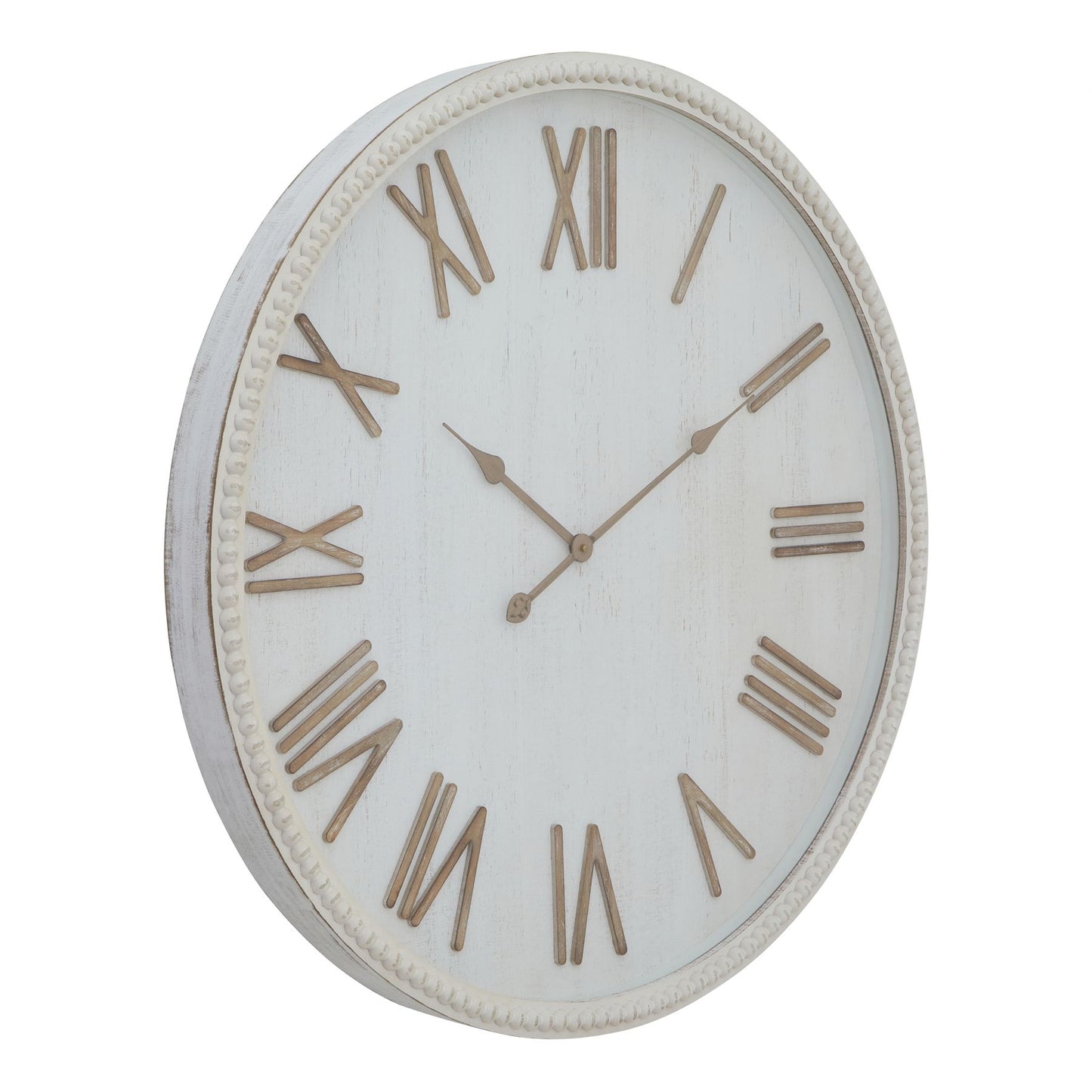 Large rustic white wall clock featuring a beaded frame, with a contrasting white face and gold numerals for easy readability.