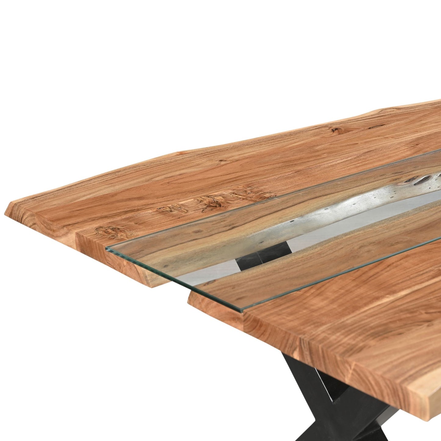 Large live edge dining table featuring solid acacia wood with natural grain patterns and a striking glass river centerpiece.