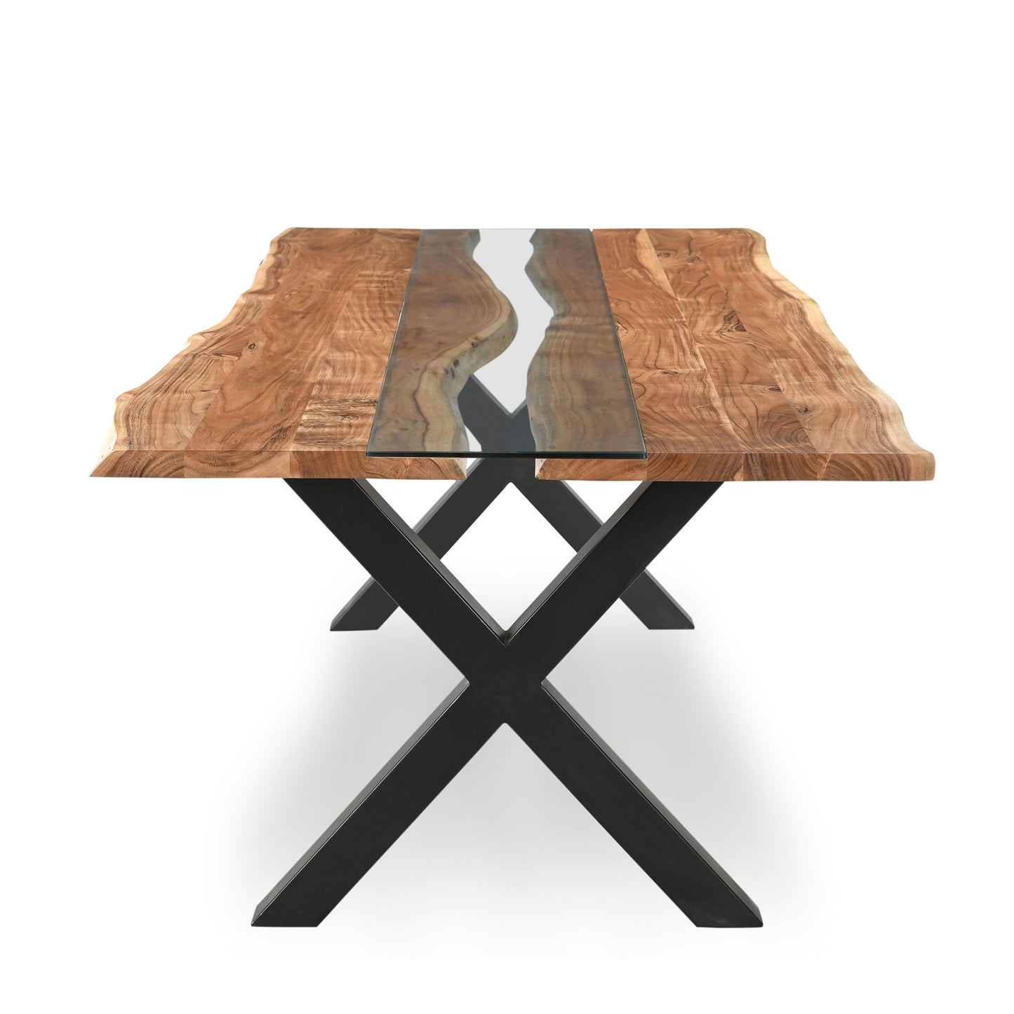 Live edge dining table with solid Acacia wood, featuring a striking glass river, supported by a sleek black X-frame base.