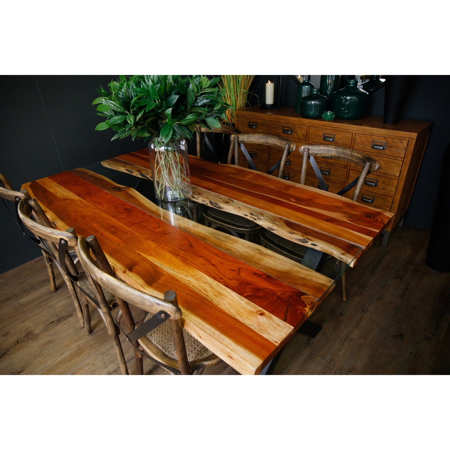 Large live edge dining table features solid Acacia wood with rich hues and a striking glass river, enhancing rustic elegance.