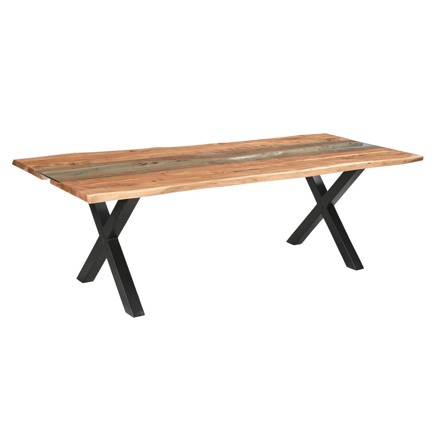 Large live edge dining table made from solid Acacia wood, featuring a glass river centerpiece and black X-frame legs.