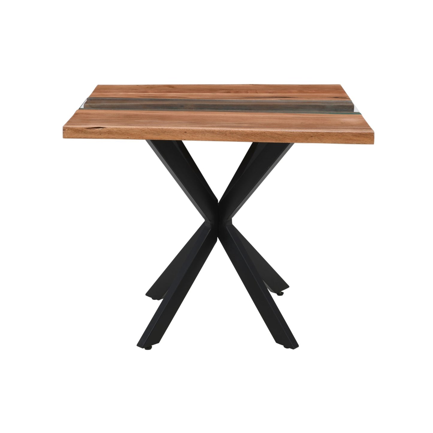 Square dining table featuring a natural wood tabletop with organic edges and a captivating glass river, supported by a sleek black metal base.