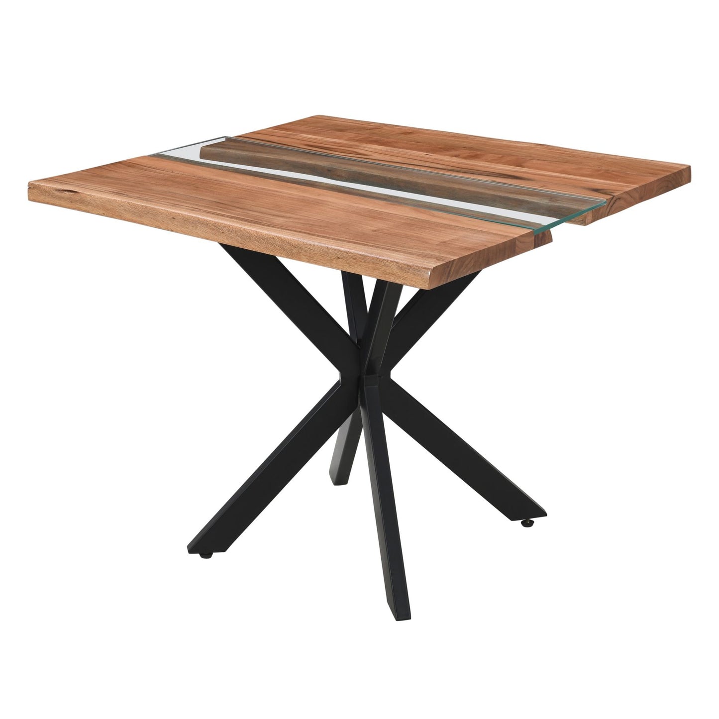 Live edge square dining table with natural wood, unique grain patterns, and a glass river, supported by a sleek black metal base.