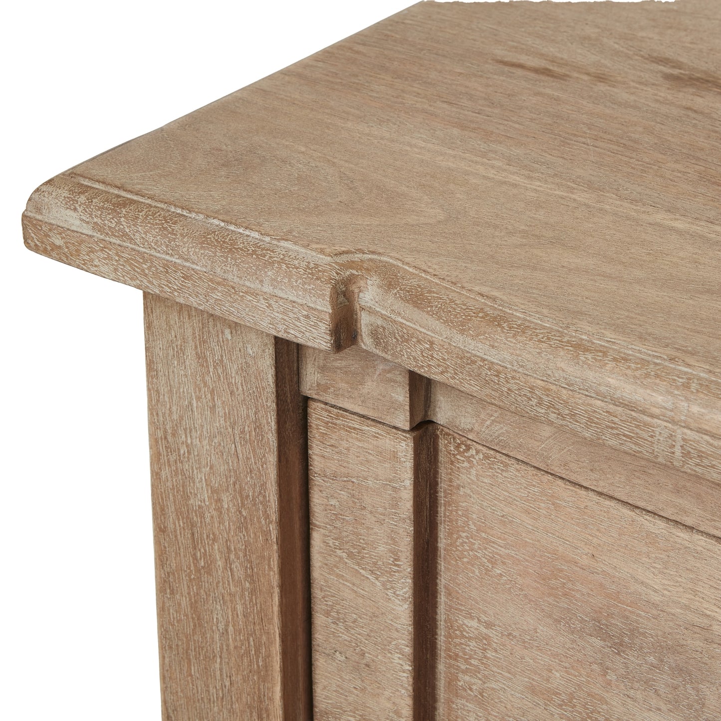 Handcrafted console table with a washed, bleached wood finish and black iron handles, featuring three spacious drawers.