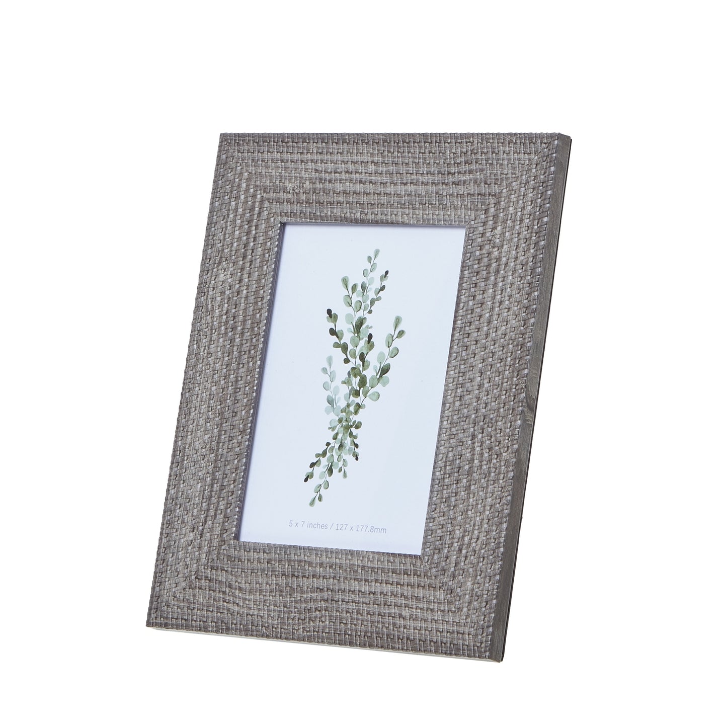 Textured grey-washed woven photo frame in a 5x7 size, showcasing a delicate botanical print. Perfect for stylish decor.