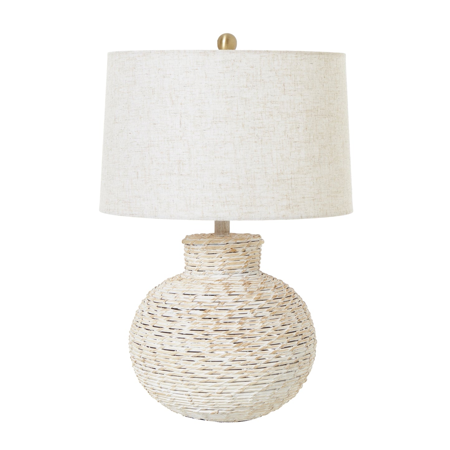 White Wash Bulbous Wicker Table Lamp With Linen Shade - Lighting from the Quanta Home collection.
