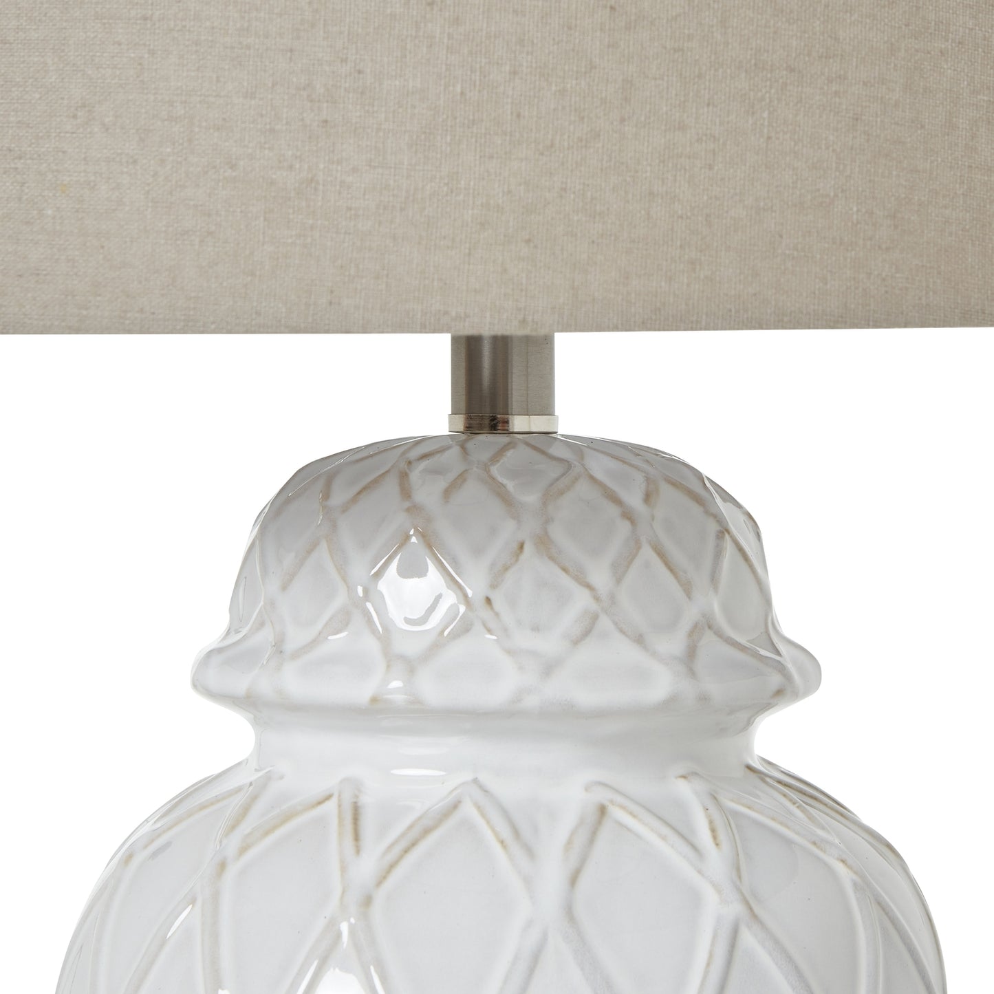 White Ceramic Ginger Jar Lamp With Linen Shade - Lighting from the Quanta Home collection.