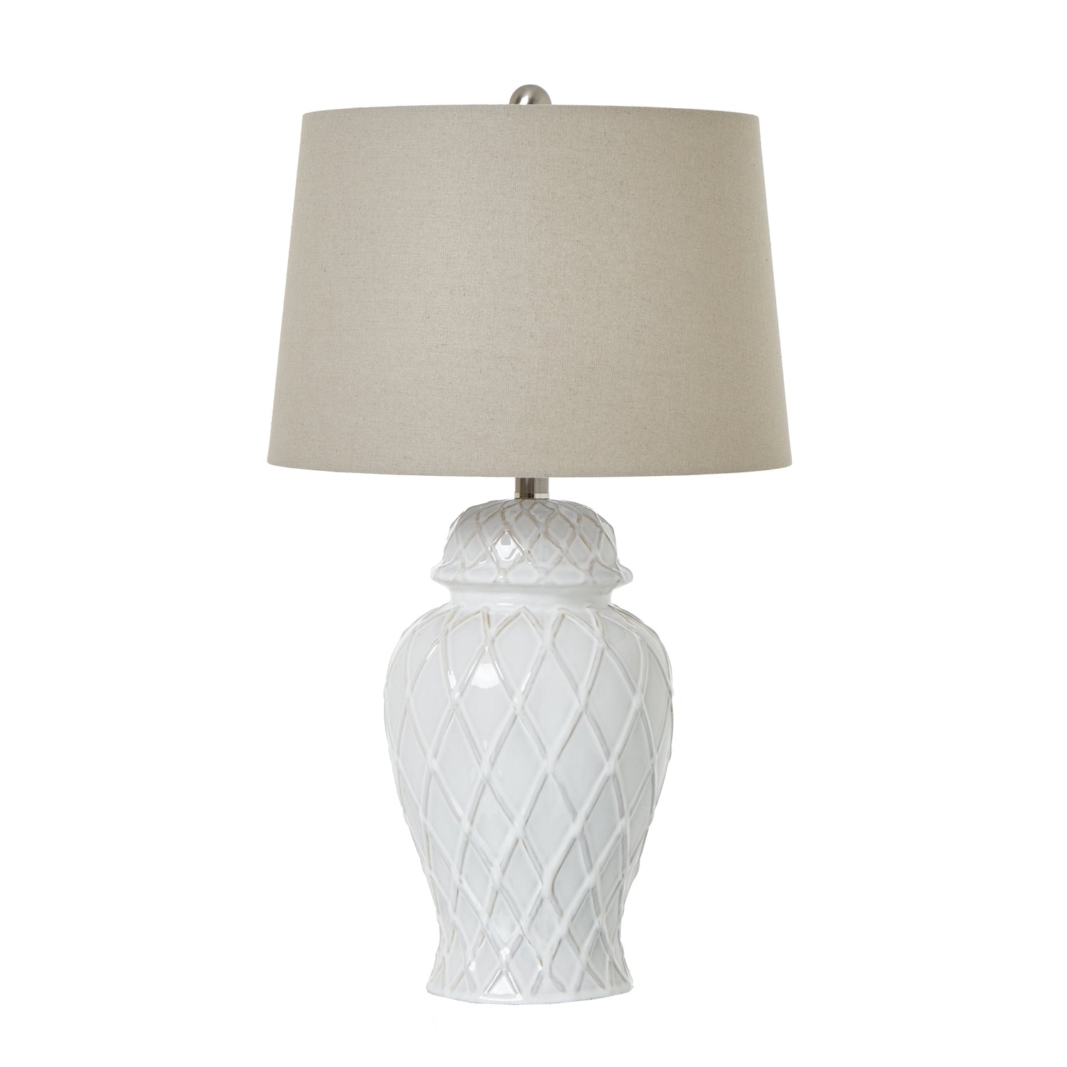 White Ceramic Ginger Jar Lamp With Linen Shade - Lighting from the Quanta Home collection.