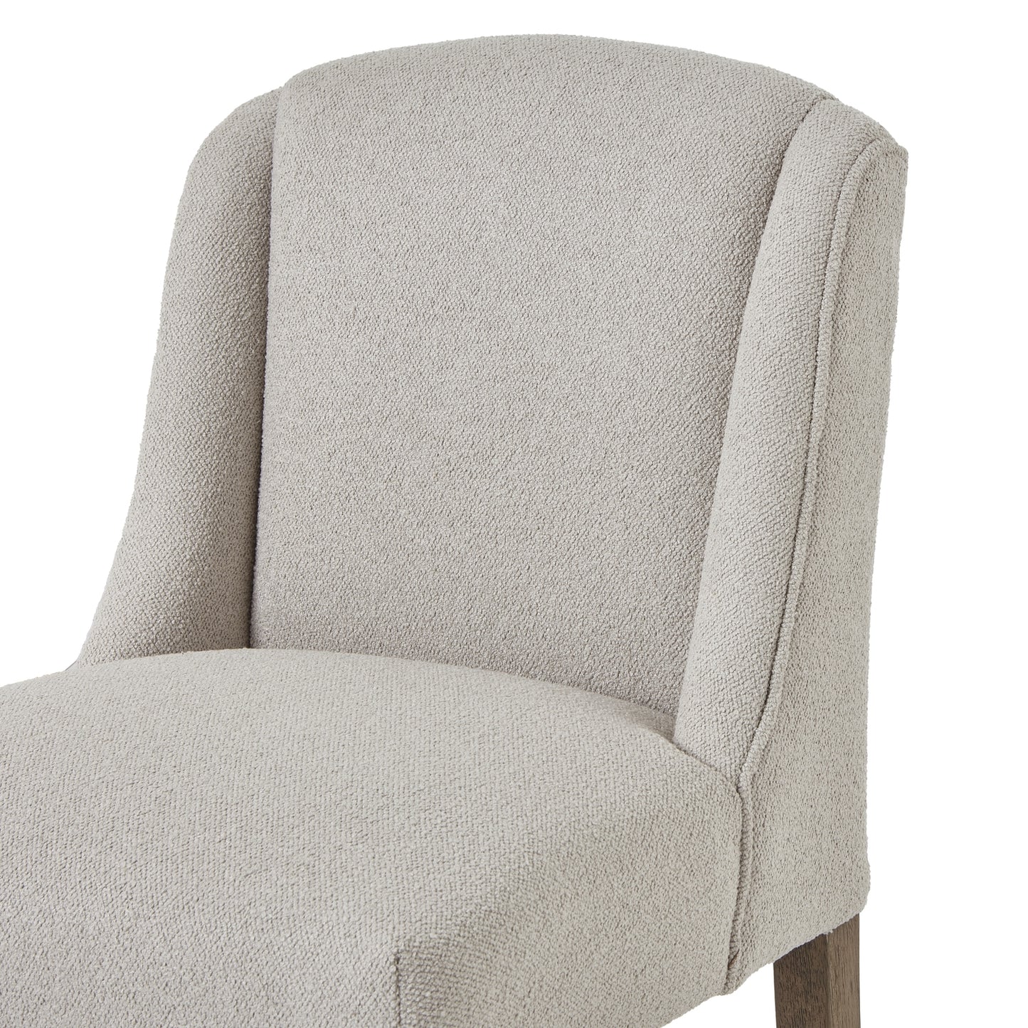 Neutral-toned twill upholstery dining chair with a curved backrest, gently sloped armrests, and sturdy wooden frame.