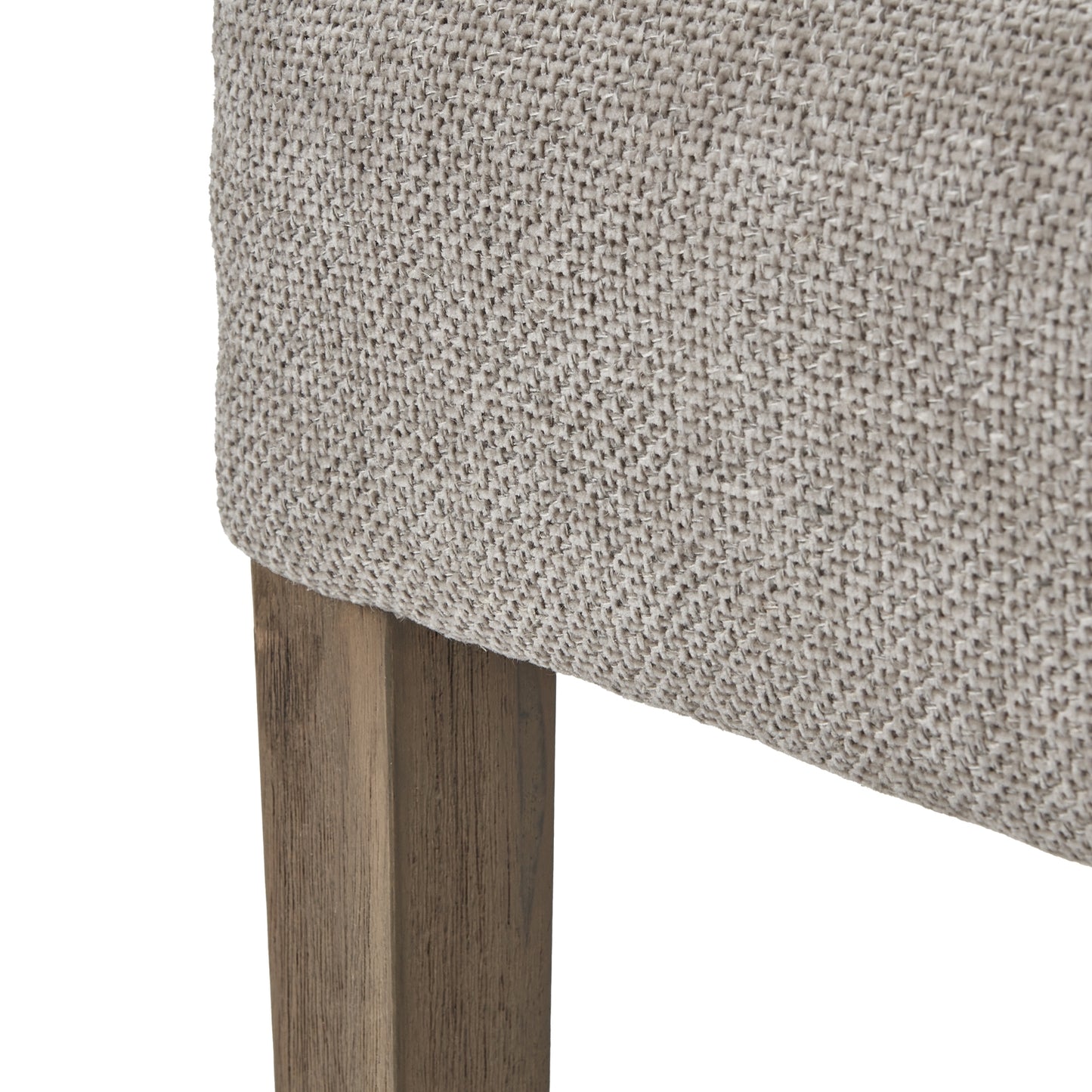 Woven taupe fabric dining chair with a sleek silhouette and durable wooden legs, perfect for elegant dining spaces.