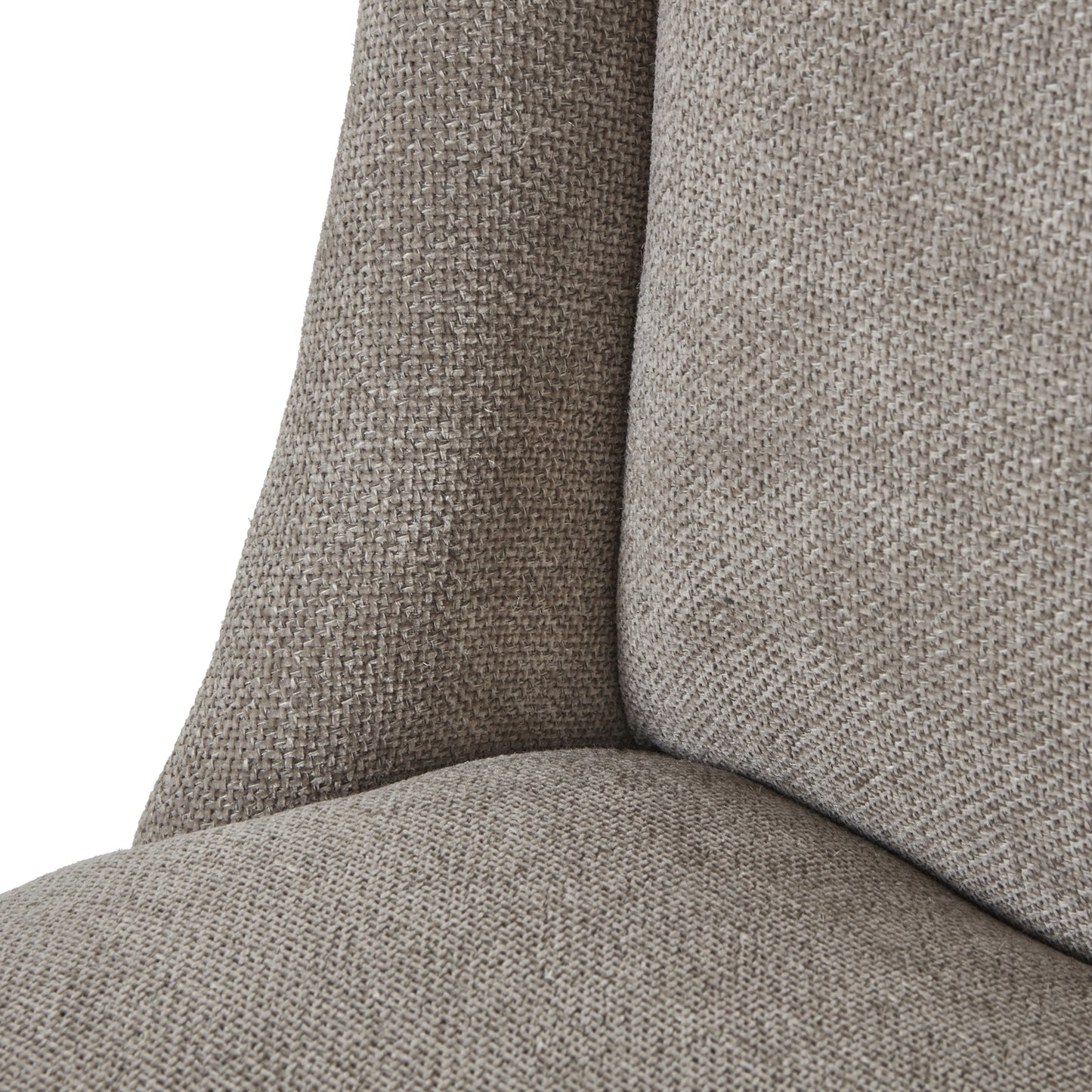 Taupe woven fabric dining chair with a sleek, curved silhouette on a solid wood frame, offering elegance and comfort.