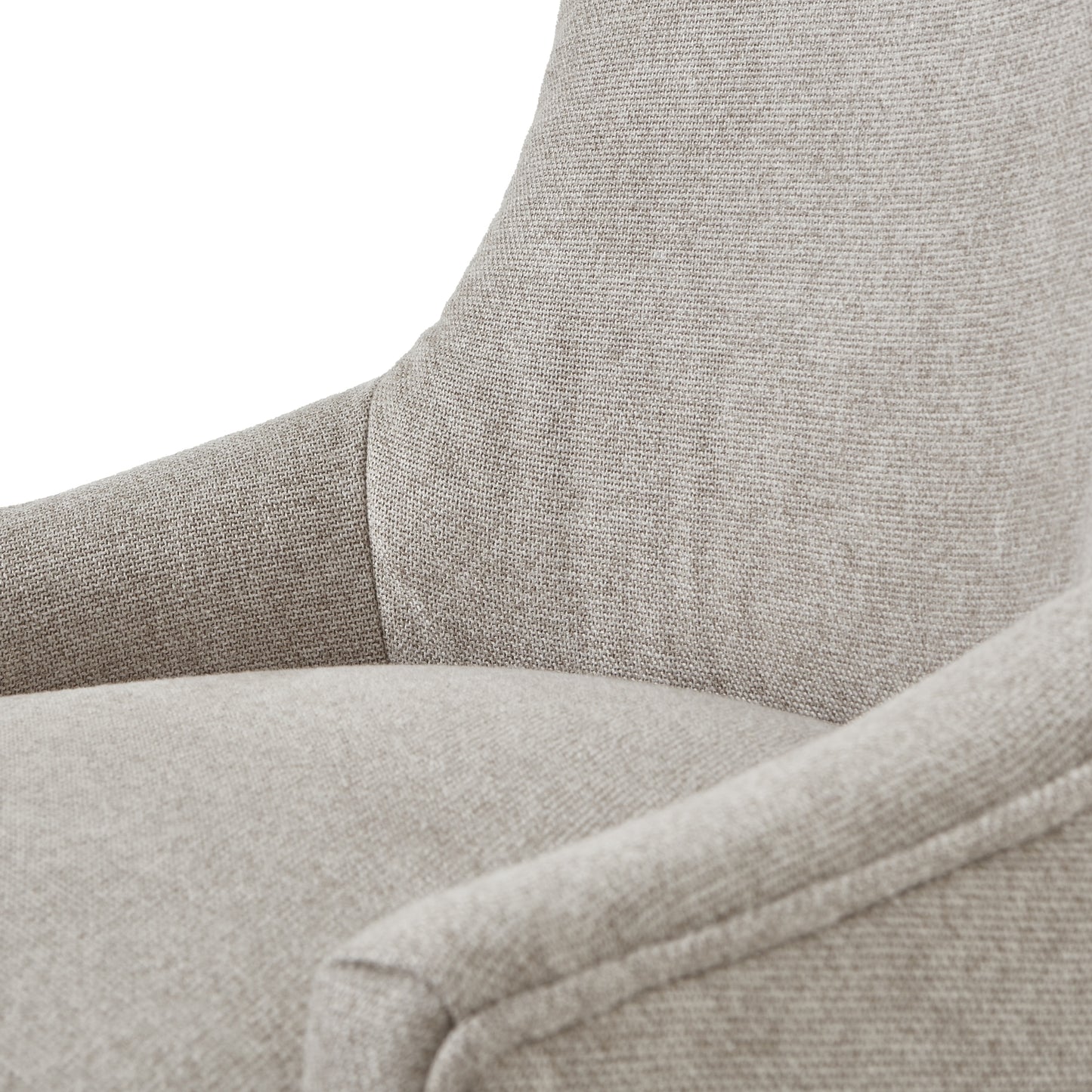 Plush oatmeal twill dining chair with elegant tufted detailing and sturdy oak legs, perfect for refined dining spaces.
