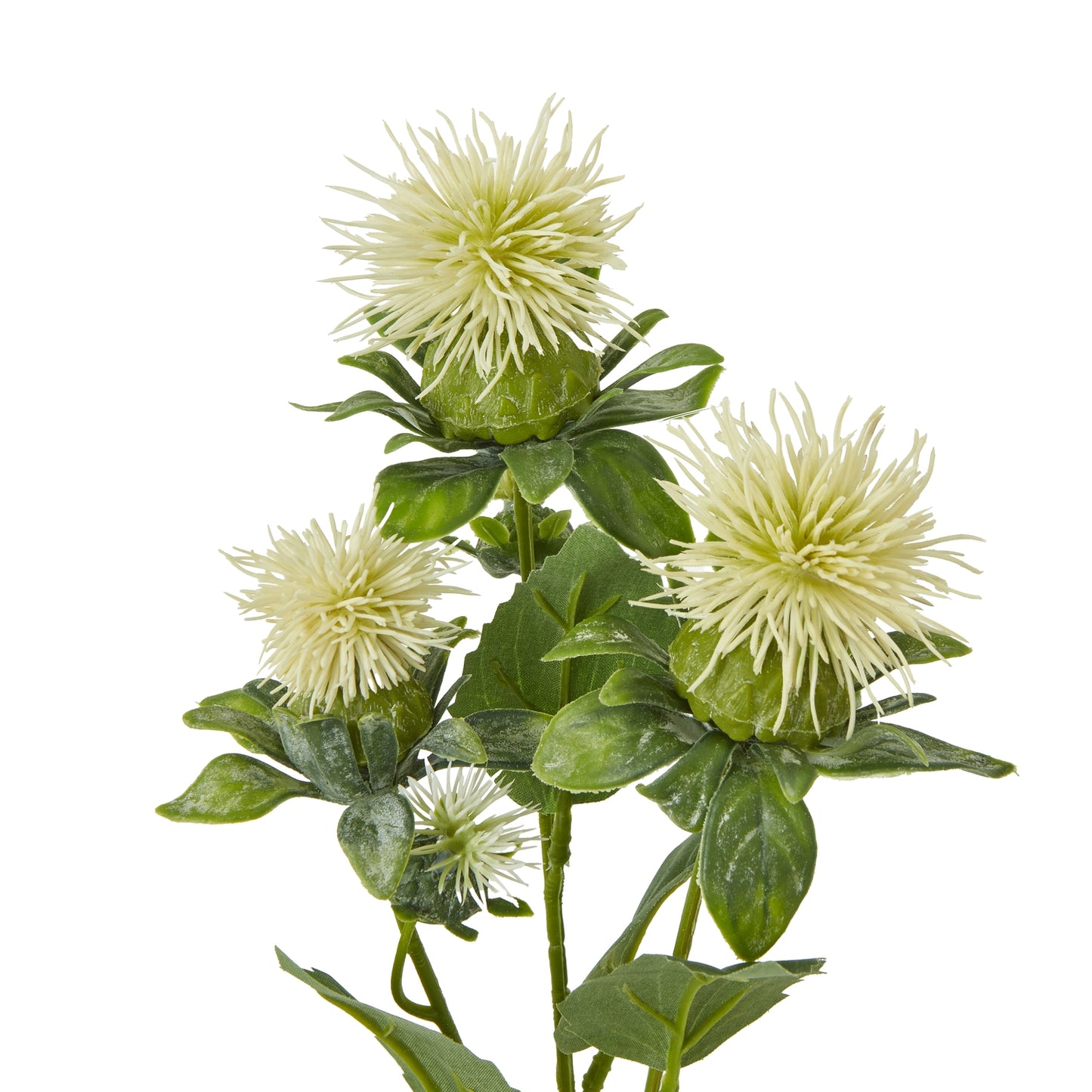 Soft cream artificial safflower with realistic detailing and lush green leaves, perfect for elegant home decor.
