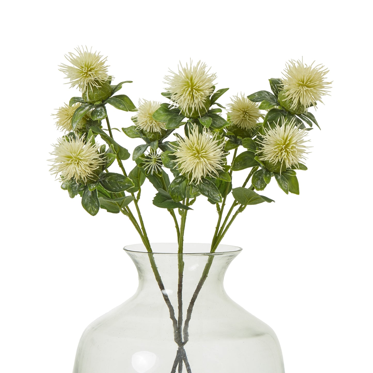 Cream safflower spray with lifelike detailing in a soft cream hue, arranged in a clear glass vase, ideal for elegant decor.
