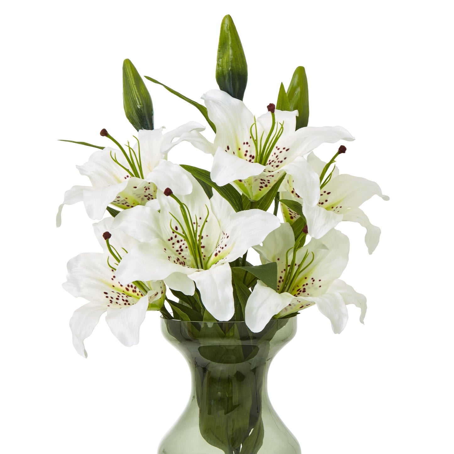 Lifelike white Madonna lily spray with ivory blooms and delicate petals in a green vase, enhancing elegant home decor.
