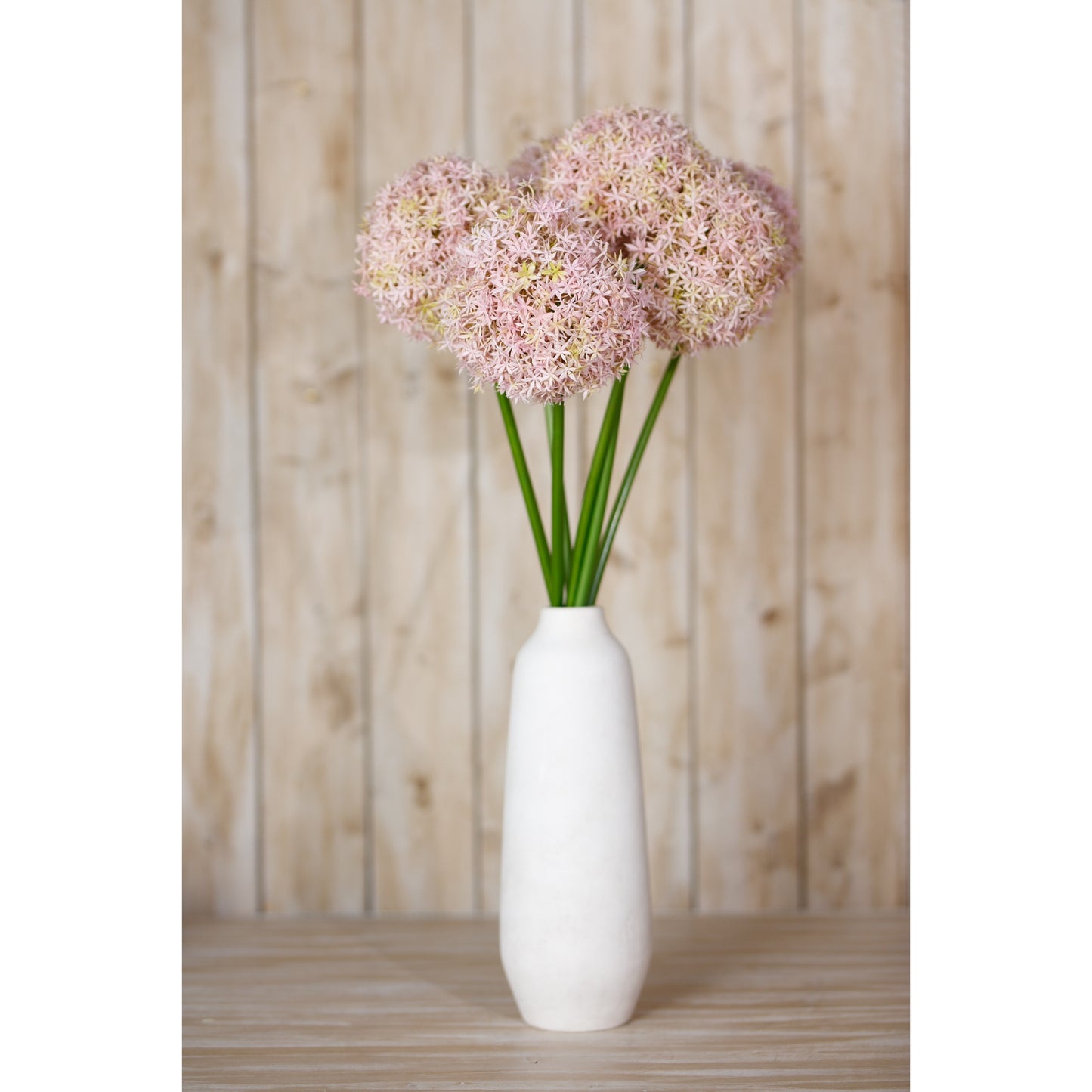 Lilac medium allium stems in a sleek white vase, featuring delicate spherical blooms of lilac and ivory, atop green stems.